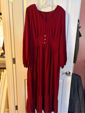 Women's Burgundy Long Sleeve V-Neck Maxi Dress with Button Detail